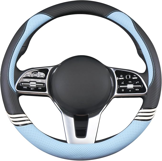 Cute Steering Wheel Cover for Women Men Leather Universal 15 inch,Black and Blue