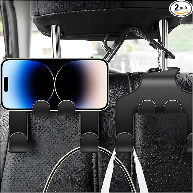 2 PCS Car Seat Headrest Hooks, 2 in 1 Auto Backseat Hanger Thickened Headrest Storage Hook, Universal Vehicle Seat Back Organizer for Purses Handbags Coats Grocery Bags
