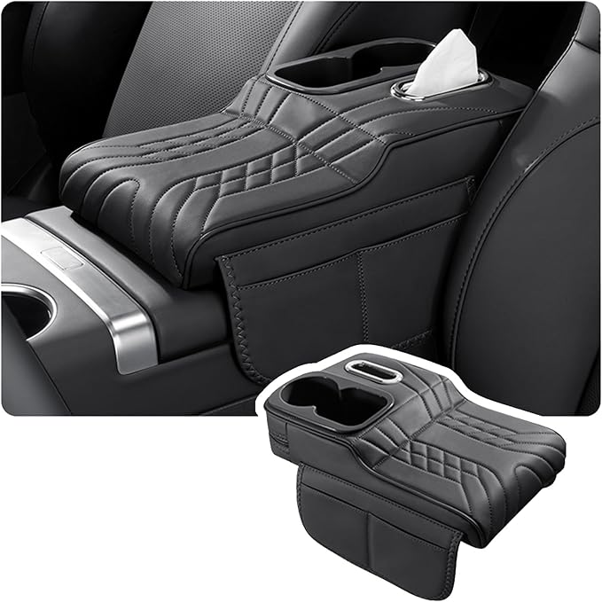 Car Armrest Storage Box for Audi Q8 2018–2025 2020 2021 2022 2023 2024, Sport-Style Center Console Organizer with Side Pocket, PU Leather Armrest Cushion, Elbow Support Pad,A Black