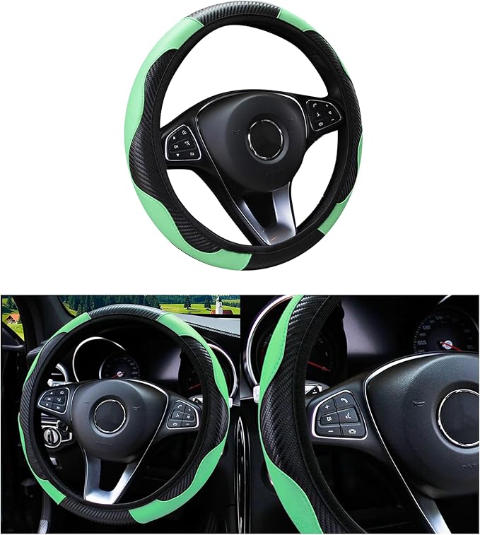 Car Steering Wheel Cover, 15 inch Carbon Fiber Microfiber PU Leather Elastic Steering Wheel Protector for Men Women, Anti-Slip Breathable Car Interior Accessories for Most Cars (Green)