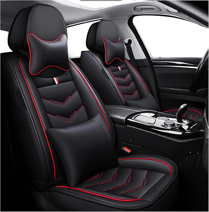 MVRVMV for Ford F-150 2010-2026 Seat Covers, Waterproof Leather Seat Cover with 2* Neck Pillow and 2* Lumbar Support (2 Seat Luxury,Black-Red)