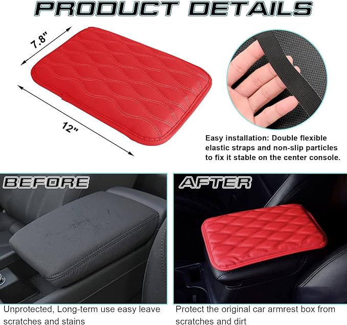 x xotic tech Car Center Console Cushion Pad, Universal Waterproof Leather Armrest Seat Box Cover Protector Auto Interior Accessories for Most Cars, SUV, Truck 7.8" x 12" (Red)