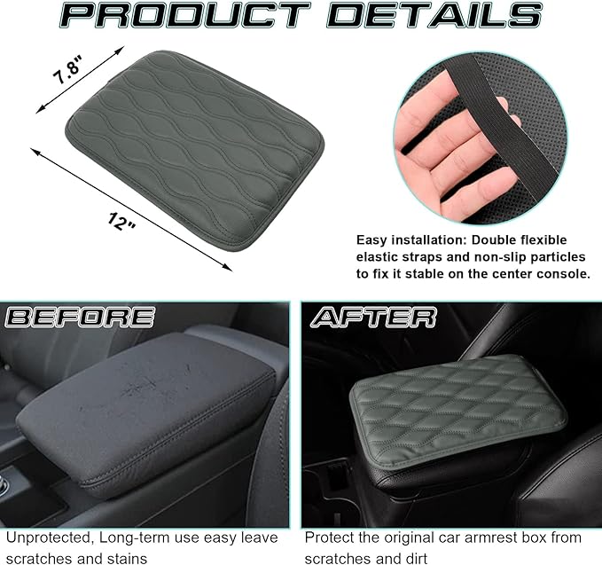 x xotic tech Car Center Console Cushion Pad, Universal Waterproof Leather Armrest Seat Box Cover Protector Auto Interior Accessories for Most Cars, SUV, Truck 7.8" x 12" (Gray)