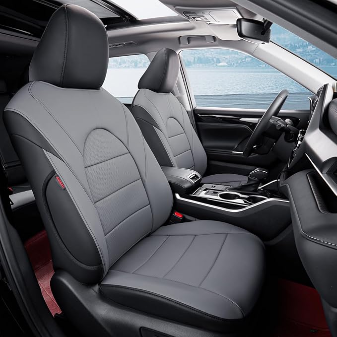coverdream Highlander Leather Seat Covers Full Set for 2020-2026 Toyota Highlander SUV Seat Cushion,2nd-Row 40/60 Split Bench Seats,Fully Covered,Luxury Waterproof Car Seat Protector (Black/Gray)