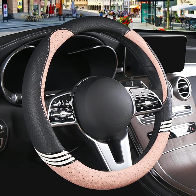 Cute Leather Car Steering Wheel Cover for Women Men Breathable Universal 15 inch Universal,Black and Pink