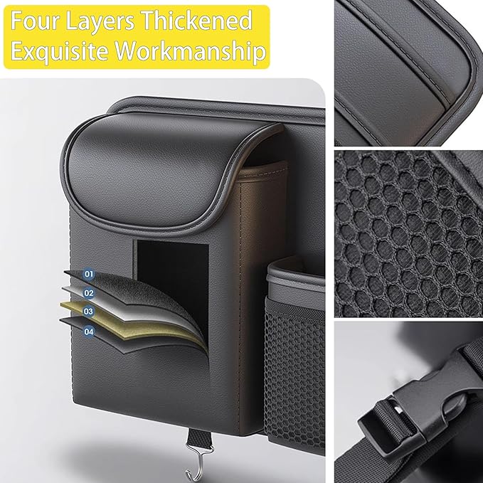 Premium Leather Car Seat Back Organizer with Cup and Tissue Holder, Multi-Pocket Storage with Adjustable Straps for SUVs, Trucks, Sedans (Brown)