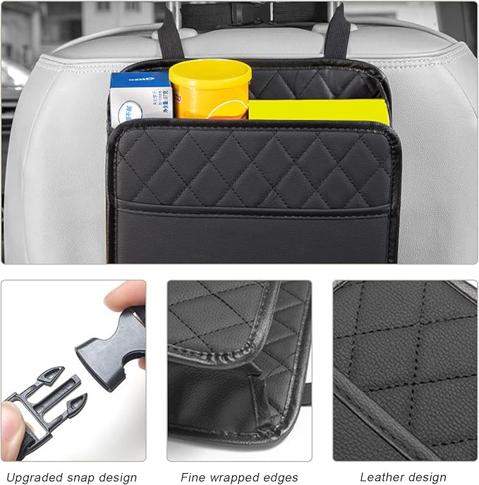 Car Seat Back Organizer, Large Capacity Foldable Car Seat Back Hanging Bag with 3 Extra Pockets, Waterproof Leather Auto Seats Storage Organizer, Car Travel Essentials Accessories (Black)