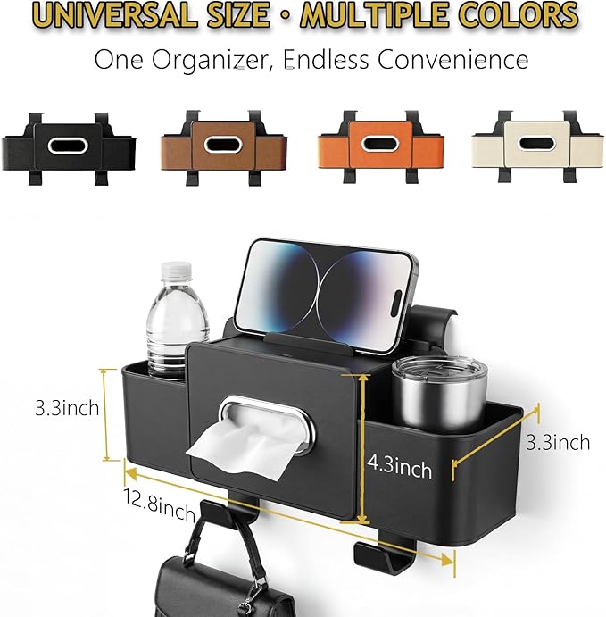 Backseat Car Organizer, 4 in 1 Multifunctional Car Back Seat Storage Organizer with Tissue Box, 2 Cup Holders, Phone Stand and Hooks, Automotive Seat Back Organizers (Orange)