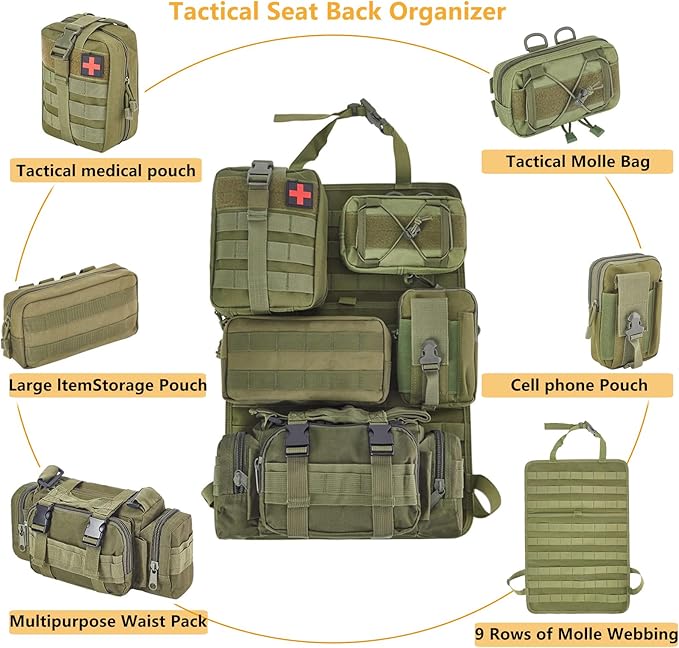 truck seat organizer and storage tactical car back seat back organizer with a Molle Vehicle Panel and 5 Different Size Molle Pouches for most models such as Jeep,SUV,Pickup(Army green)