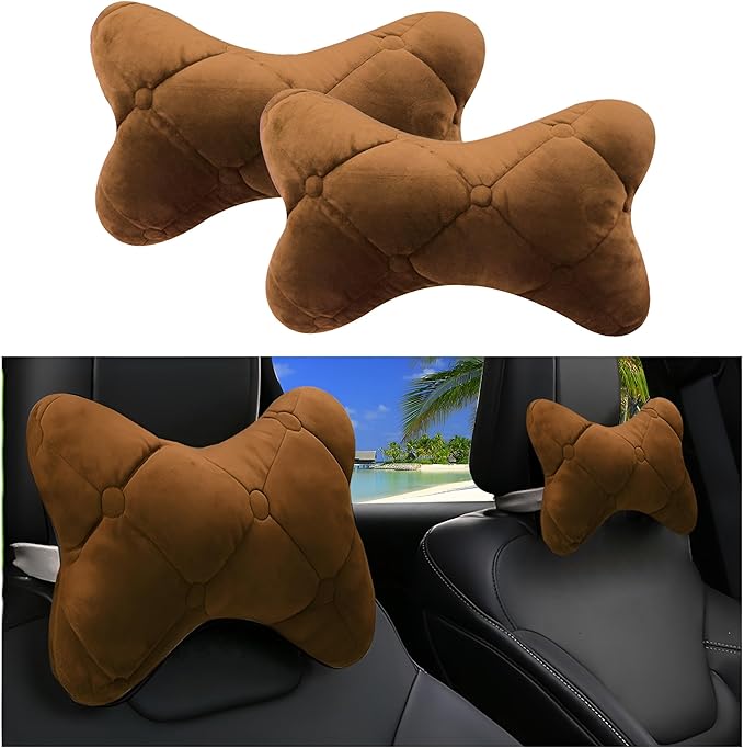 2PCS Car Headrest Pillow, Soft Comfortable Vehicle Neck Pillow Cushion, Automotive Interior Head Rest Pad Accessories for Driving Fatigue Relief, Universal for SUV, Sedan, Truck (Khaki)