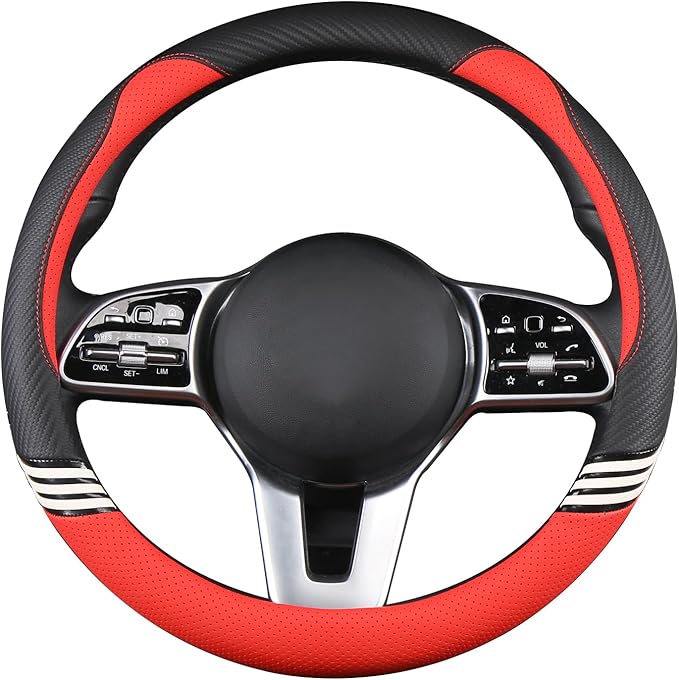 Cute Steering Wheel Cover for Women Men Leather Universal 15 inch,Black and Red
