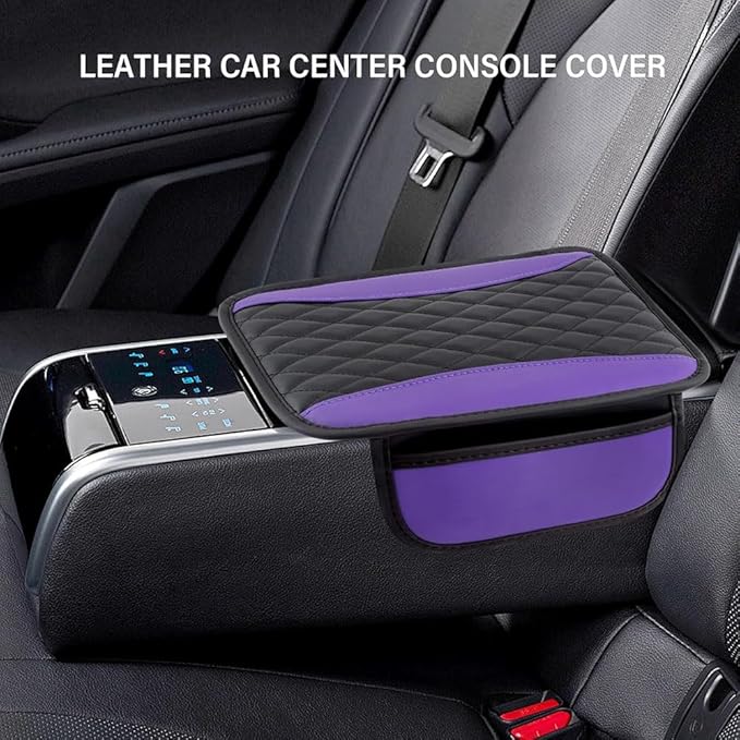 Car Center Console Cover for Jeep Wrangler 1986–2025 2026 YJ/TJ/JK/JL,Leather Armrest Pad with Side Storage Pockets,Waterproof Console Lid Protector,Auto Interior Accessories,Purple