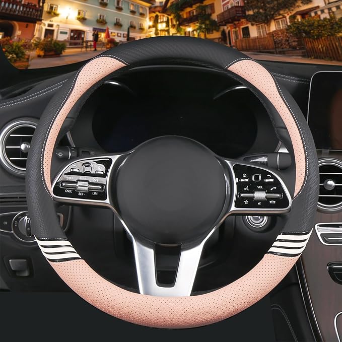 14 inch Cute Steering Wheel Cover for Women Men Faux Leather and Carbon Fiber,Black and Pink