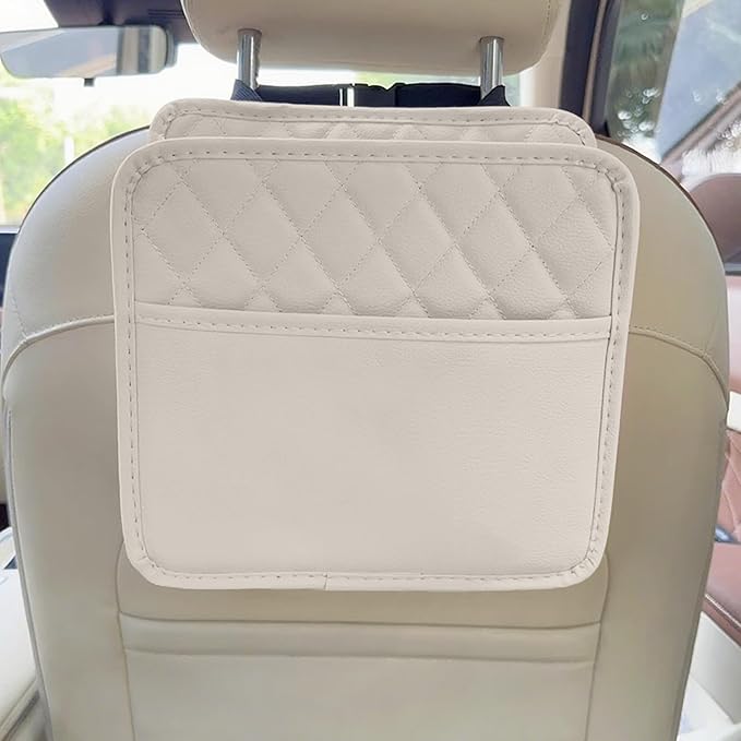 Car Seat Back Organizer, PU Leather Vehicle Backseat Hanging Storage Pocket, Multipurpose Auto Travel Essentials Accessories for Kids & Adults, Universal for Most Cars (Beige)
