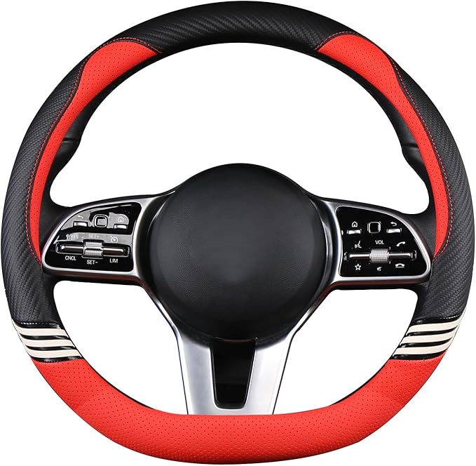 Cute Steering Wheel Cover D Shape for Women Men Breathable Universal 15 inch,Black and Red