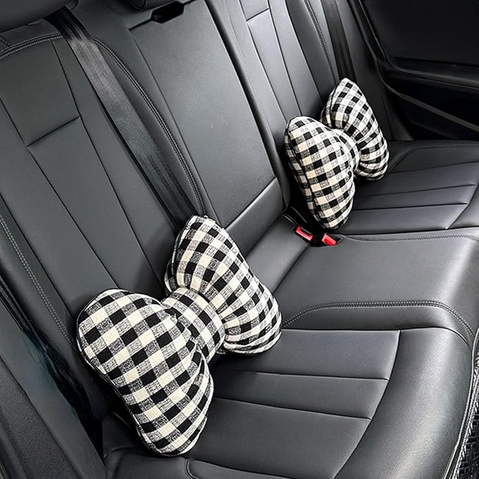 Car Accessories Plaid Bow Headrest Lumbar Pillow 4PCs Set Cotton Linen Elegant Soft Car Seat Cushions for Daily Commuting Trave (Black Plaid,Lumbar Pillow 2pcs)
