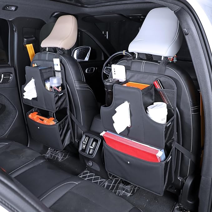 Car Tissue Holder and Seat Back Organizer, Extra Multifunctional Drink Cup Holder Keeps Your Car Clean and Tidy,Storage Bag (Style C Black)