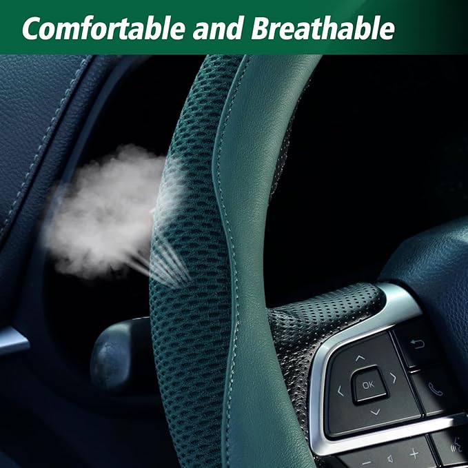 ZHOL Green Steering Wheel Cover,Soft Microfiber Leather,Non-Slip and Breathable Car Steering Wheel Cover for All Season,Universal Fit for 15 Inch
