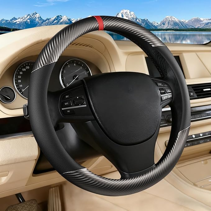 Black & Grey Carbon Fiber Leather Steering Wheel Cover, Microfiber Leather, Anti-Slip, Breathable, Universal Fit for 14.5–15 in Steering Wheel Cover for Men Women