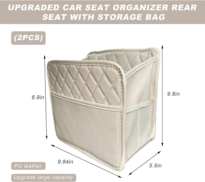 2 PCS Car Seat Back Organizer, Large Capacity Foldable Car Seat Back Hanging Bag with 3 Extra Pockets, Waterproof Leather Auto Seats Storage Organizer, Car Travel Essentials Accessories (White)
