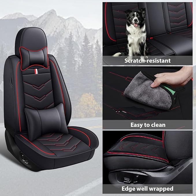 MVRVMV for Ford Expedition 2007-2026 Seat Covers, Waterproof Leather Seat Cover with 2* Neck Pillow and 2* Lumbar Support (5 Seat Luxury,Black-Red)