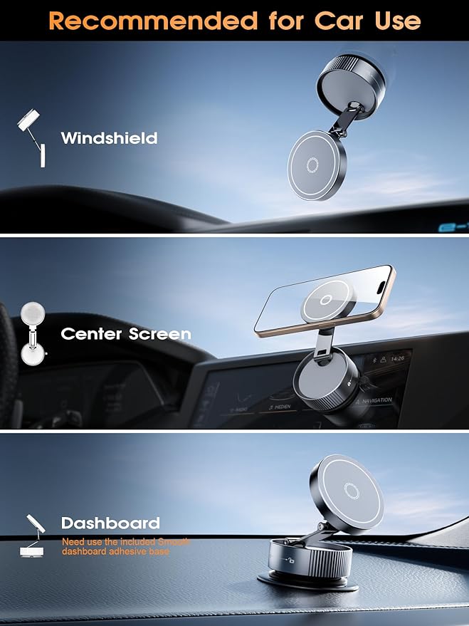 Upgraded Vacuum Magnetic Phone Holder for MagSafe,Double-Foldable Suction Cup Phone Mount,360° Rotatable Phone Mount for All Smartphones & All Car Models- Grey
