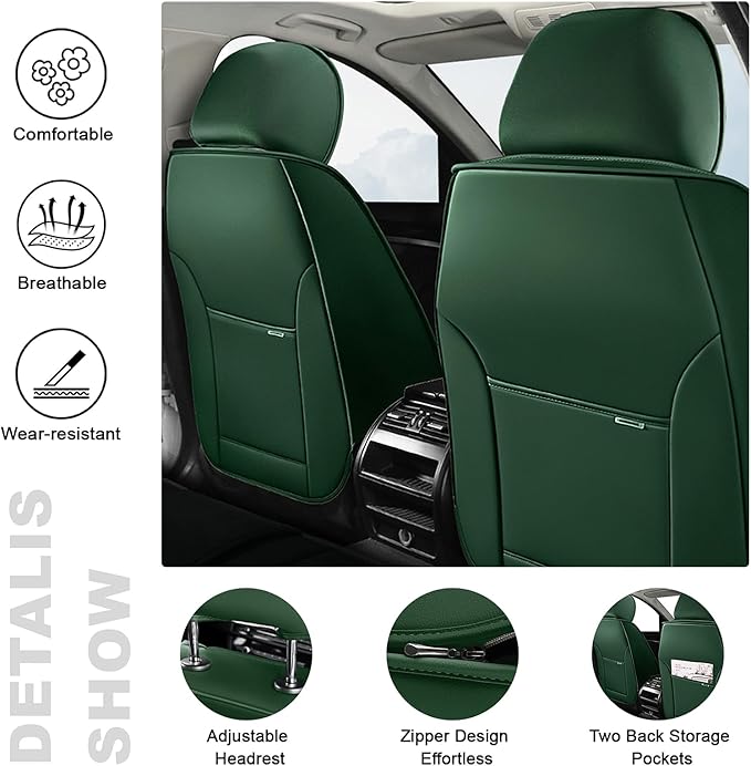 AREKA 2 Car Seat Covers for Honda Civic 2002-2026 Breathable Leather,Waterproof Car Seat Protectors with Comfort Headrest Pillows,Automotive Vehicle Cushion with Storage Pockets (Luxury,Green)