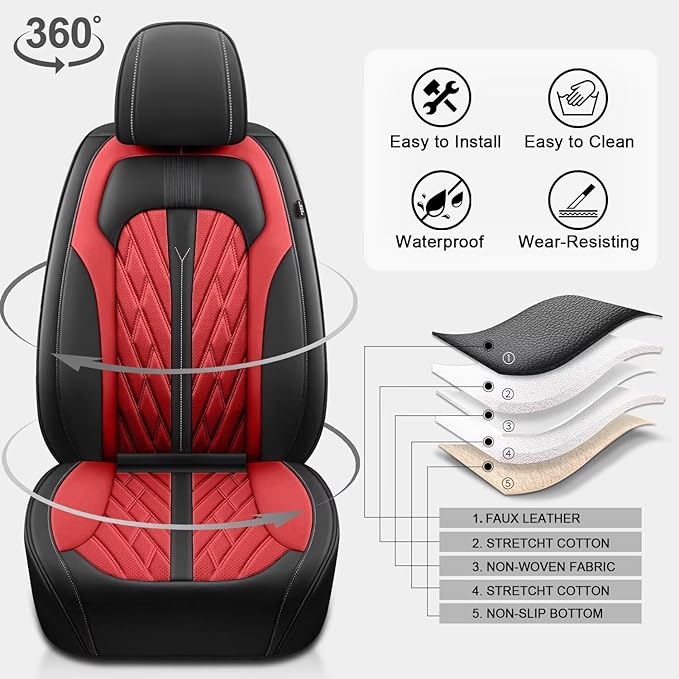 TTX LIGHTING Seat Covers Fit for Kia Rio 2013-2023 Car Seat Covers Full Set Car Faux Leather Breathable Waterproof (5 Seats, Black&Red)