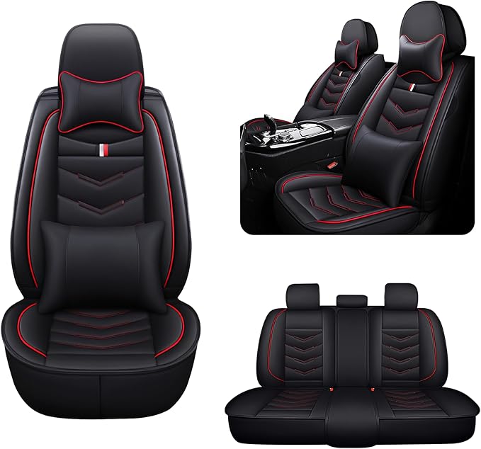MVRVMV for Ford Edge 2007-2024 Seat Covers, Waterproof Leather Seat Cover with 2* Neck Pillow and 2* Lumbar Support (5 Seat Luxury,Black-Red)