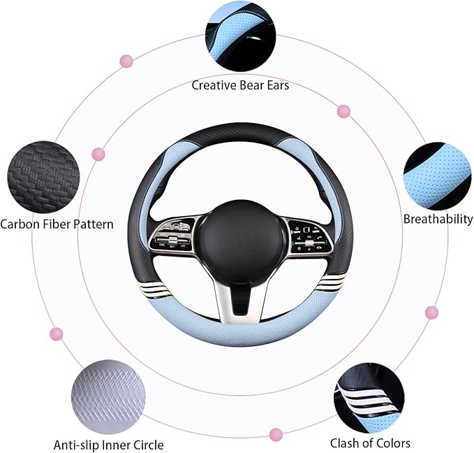 14 inch Cute Steering Wheel Cover for Women Men Faux Leather and Carbon Fiber,Black and Blue