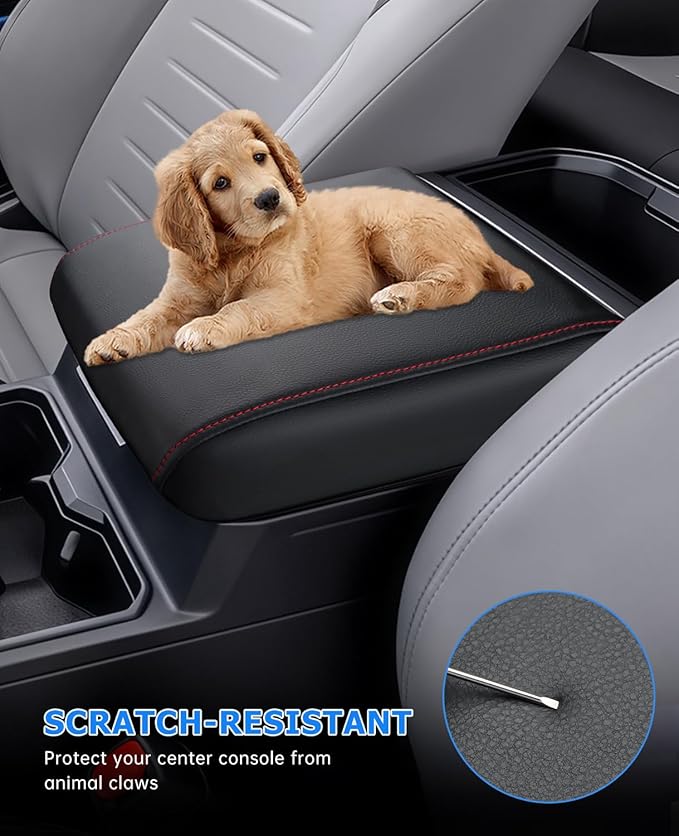 INTGET Center Console Cover for 2026 Toyota Tacoma Accessories 2024 2025 & 2025 2026 4Runner Accessories Leather Car Middle Armrest Arm Rest Box Lid Seat Protector Cushion(Red Stitches, 2024+)