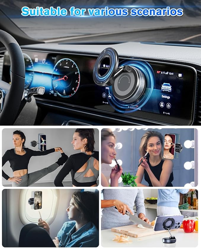 Vacuum Suction Magnetic Phone Holder, 2025 Upgraded Magnetic Car Phone Mount for Magsafe, 360°Adjustable Foldable Portable Suction Cup Phone Holder for Cars/Gyms/Mirrors/Smooth Surface