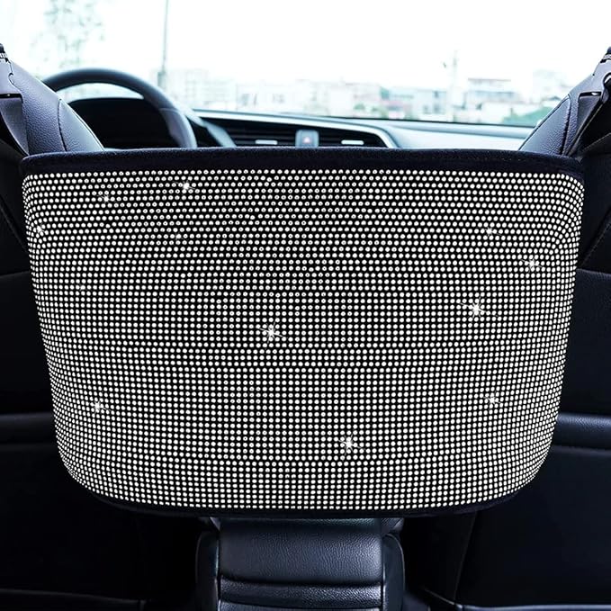 Car Net Pocket Handbag Holder Between Seat Back Organizer, Purse Holder for Console Front Seat Storage Barrier, Rhinestone Car Storage Organizer Between Front Seats, White