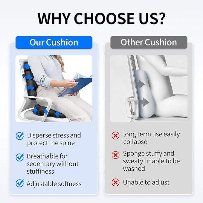 Lumbar Support Pillow for Car & Office Chair - Tailbone Pain Relief Air Seat Cushion for Driver, Wheelchair, Airplane Seat, Travel