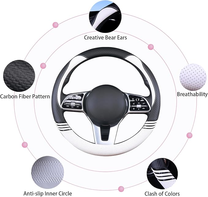 14 inch Cute Steering Wheel Cover for Women Men Faux Leather and Carbon Fiber,Black and White