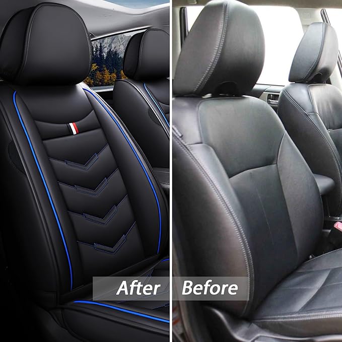 MVRVMV Seat Covers for Ford F-150 2010-2026, Waterproof Leather Auto Seat Cover (5 Seat Standard,Black-Blue)