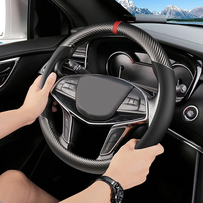 Black & Grey Carbon Fiber Leather Steering Wheel Cover, Microfiber Leather, Anti-Slip, Breathable, Universal Fit for 14.5–15 in Steering Wheel Cover for Men Women