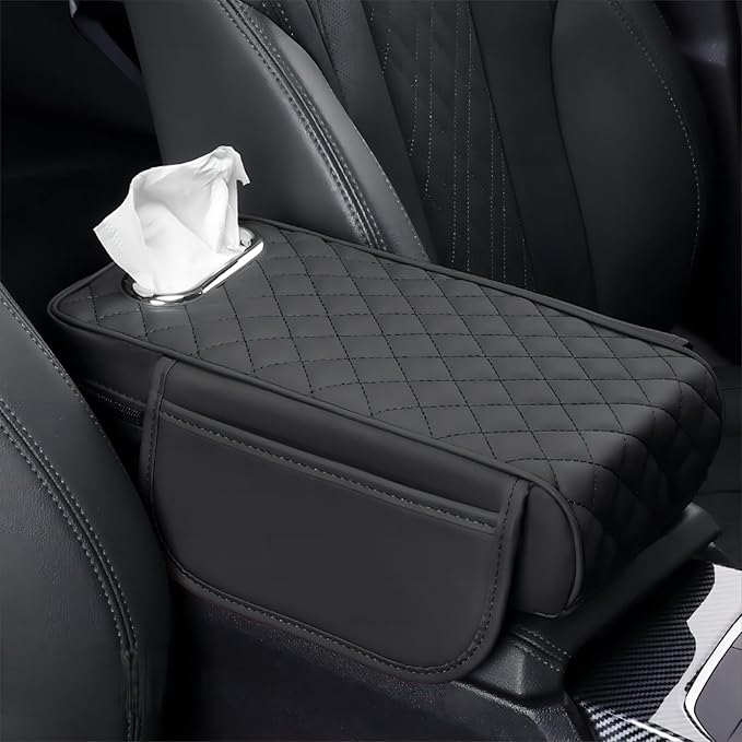 Car Armrest Pads for Hyundai Santa Fe Sport 2013 2014 2015 2016 2017 2018,Leather Center Console Covers Waterproof Anti-Slip Scratch Comfortable Automobile Protective Accessories,Black