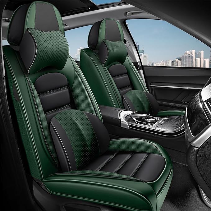 AREKA 2 Car Seat Covers for Honda Civic 2002-2026 Breathable Leather,Waterproof Car Seat Protectors with Comfort Headrest Pillows,Automotive Vehicle Cushion with Storage Pockets (Luxury,Green)