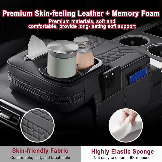 Car Armrest Storage Box for Audi Q8 2018–2025 2020 2021 2022 2023 2024, Sport-Style Center Console Organizer with Side Pocket, PU Leather Armrest Cushion, Elbow Support Pad,A Black