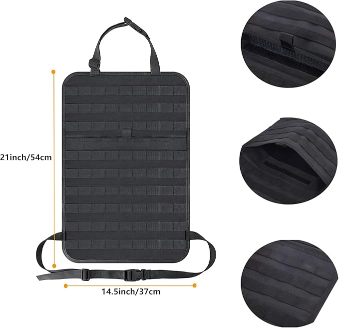 truck seat organizer and storage tactical car back seat back organizer with a Molle Vehicle Panel and 5 Different Size Molle Pouches for most models such as Jeep,SUV,Pickup (Black)