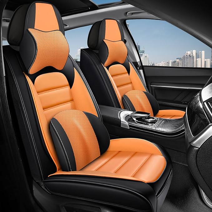 AREKA 2 Car Seat Covers for Honda Accord 2003-2026 Breathable Leather,Waterproof Car Seat Protectors with Comfort Headrest Pillows,Automotive Vehicle Cushion with Storage Pockets (Luxury,Orange)