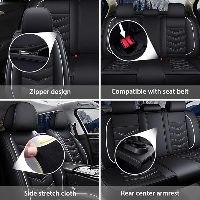MVRVMV 3 Row 7 Seater Seat Covers for Ford Explorer 2012-2026, Airbag Compatible Front and Rear Split Bench Leather Auto Seat Protectors (7 Seat Standard, Black-White