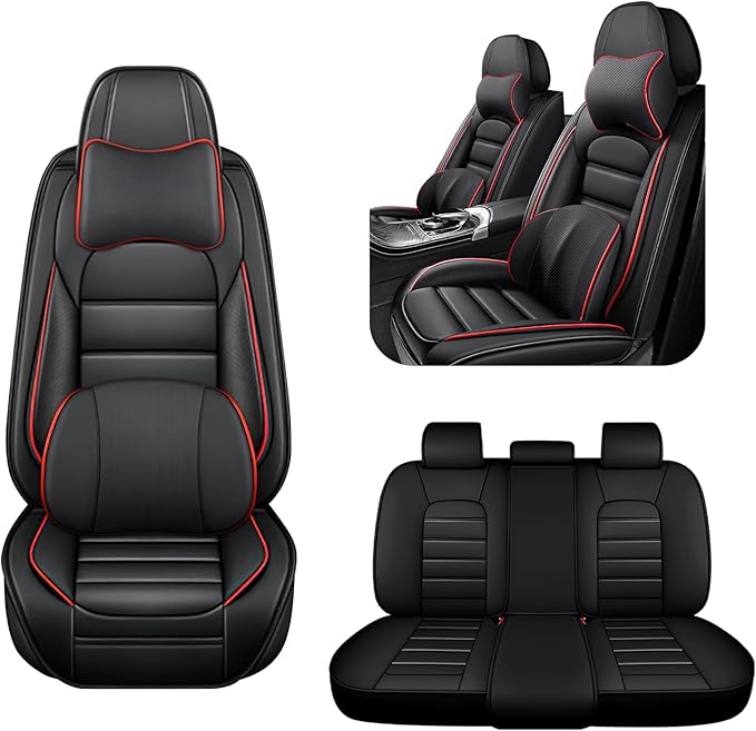 AREKA 5 Car Seat Covers for Honda Accord 2003-2026 Breathable Leather,Waterproof Car Seat Protectors with Comfort Headrest Pillows,Automotive Vehicle Cushion with Storage Pockets (Luxury,Redline)