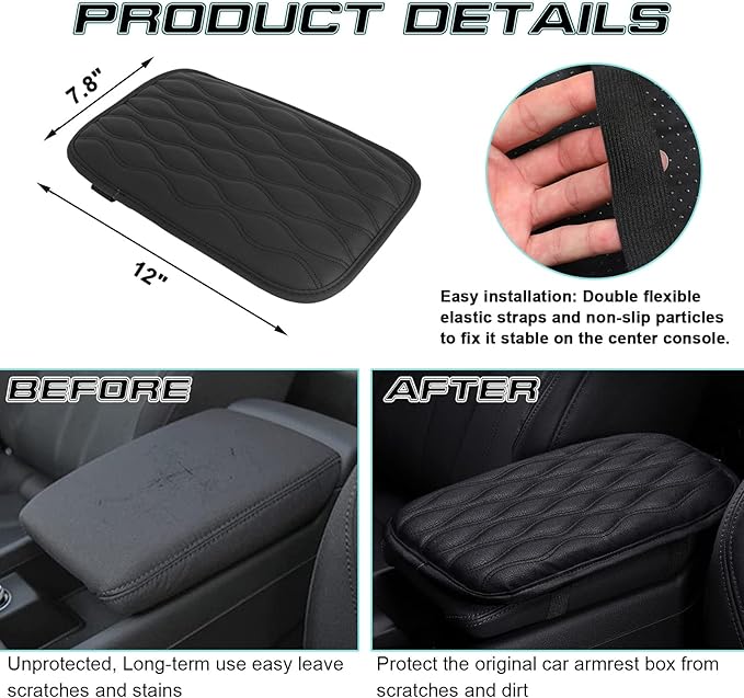 x xotic tech Center Console Cover Cushion Pad, Universal Waterproof Leather Armrest Seat Box Cover Protector Auto Interior Accessories for Most Cars, SUV, Truck 7.8" x 12" (Black)