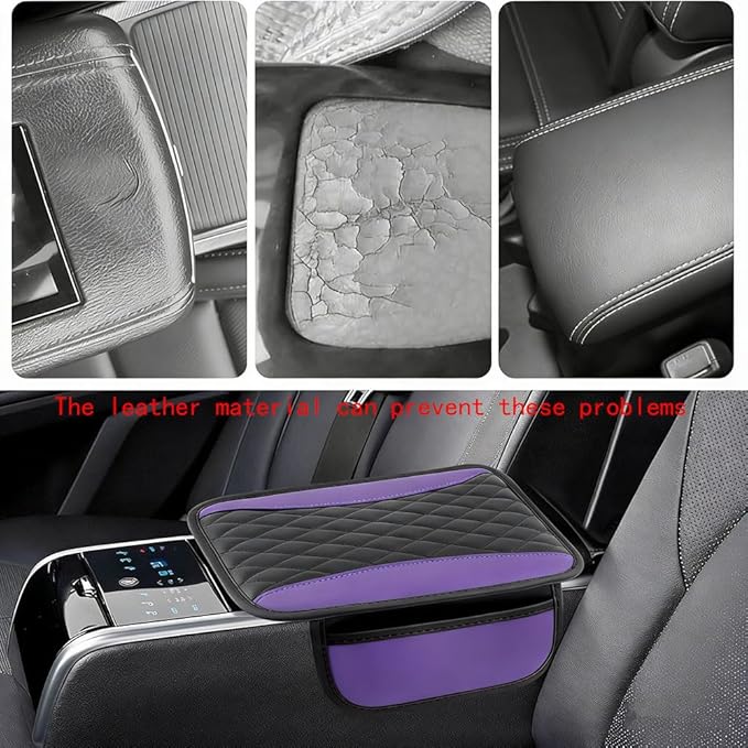 Car Center Console Cover for Jeep Wrangler 1986–2025 2026 YJ/TJ/JK/JL,Leather Armrest Pad with Side Storage Pockets,Waterproof Console Lid Protector,Auto Interior Accessories,Purple