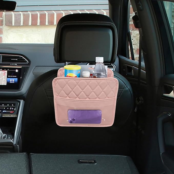 Car Seat Back Organizer, Car Organizers and Storage, PU Leather Vehicle Backseat Hanging Storage Pocket, Multipurpose Auto Travel Essentials Accessories for Kids & Adults, Universal for Cars (Pink)