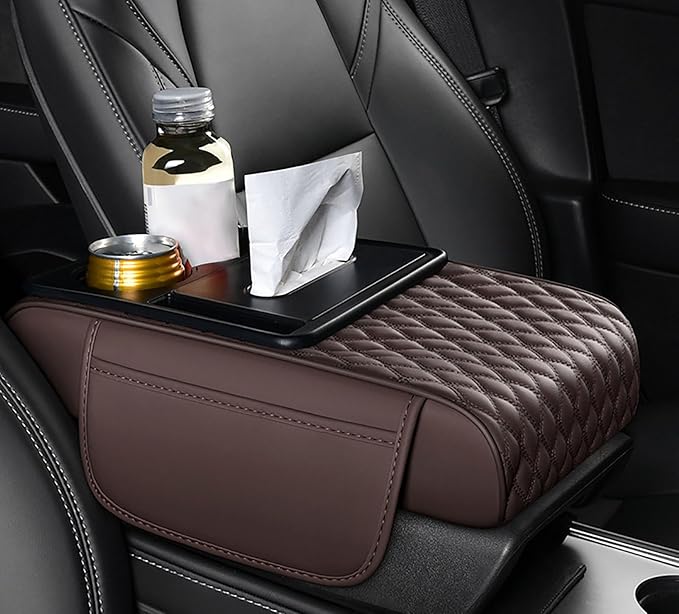 Car Center Console Cover for Acura MDX 2014-2025, Armrest Storage Box, Multifunctional Center Console Cover Organizer, Leather Armrest Protector Pad for SUV,C Coffee