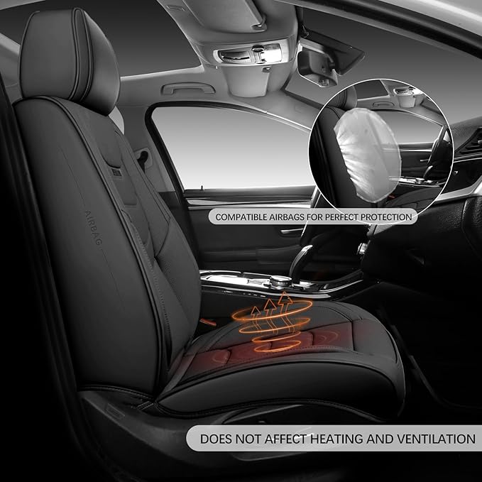 WENNFOUR Car Seat Covers Front Seats Only, Universal Luxury Automotive Car Seat Protector 2 Pack, Waterproof Breathable Leather Car Seat Cushion for Most Vehicles SUV Pick-up Truck Black