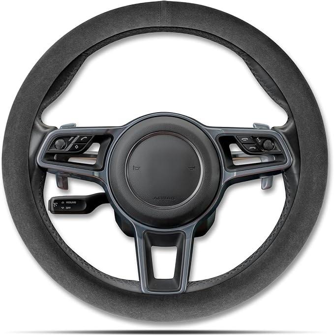 PAUUOOA Alcantara Sports Steering Wheel Cover 14.5" to 15" Fit - Anti-Slip Comfort Grip, Durable Soft Suede-Feel Luxury Material for Men Drivers | Fits Sports Cars, Luxury Cars, Sedans, SUVs and EV